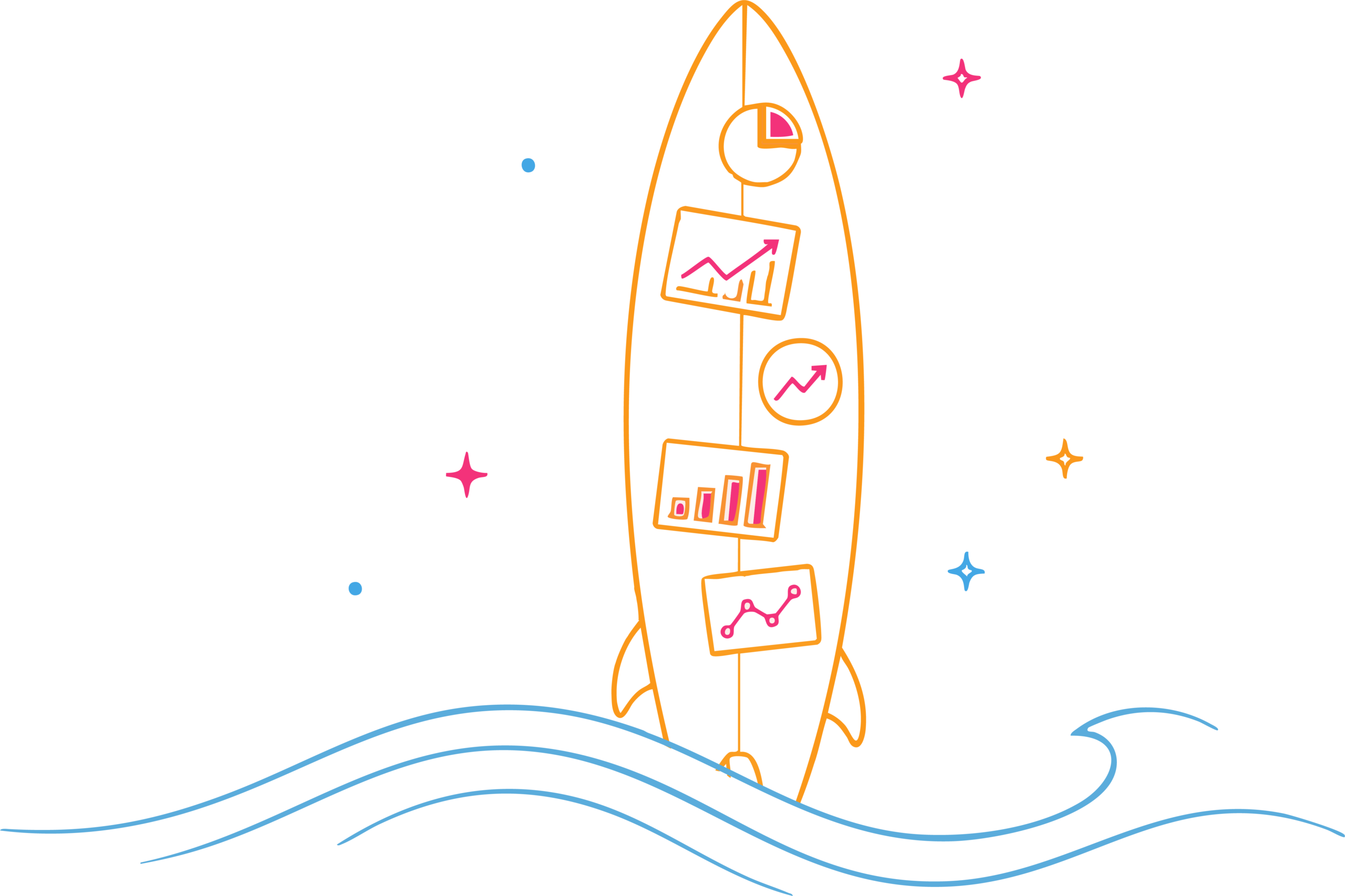 Surfboard illustration with analytics and growth chart stickers representing continuous marketing optimization, website improvements, AI search visibility, SEO, Google Business Profile optimization, and data-driven business growth.